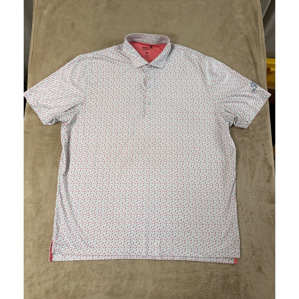 Johnnie-O Performance Golf polo Shirt Mens XL‎ Blue Pink Chilli AOP Print EUC